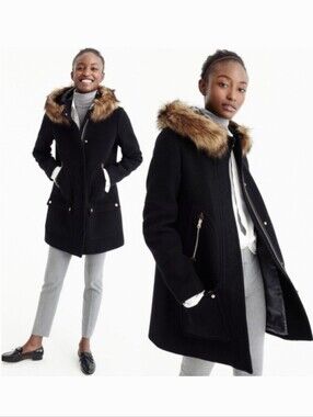 J. Crew Chateau Parka Stadium Cloth Nello Gori Black Wool Coat w/ Faux Fur Trim
